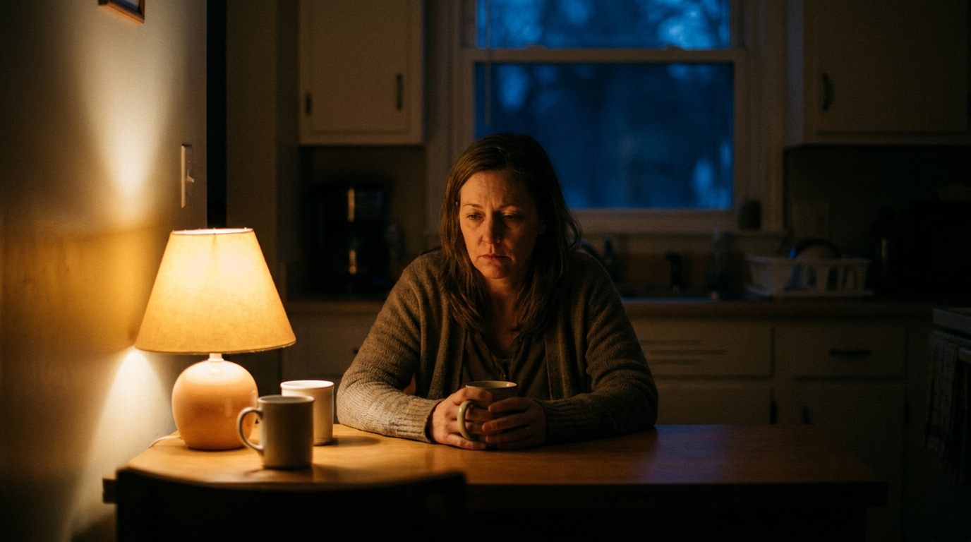 A woman alone at the kitchen table at night