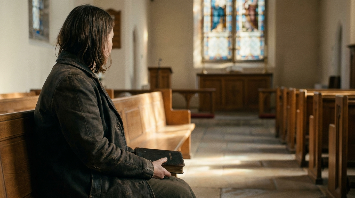A woman alone in a church pew, the seat beside her empty