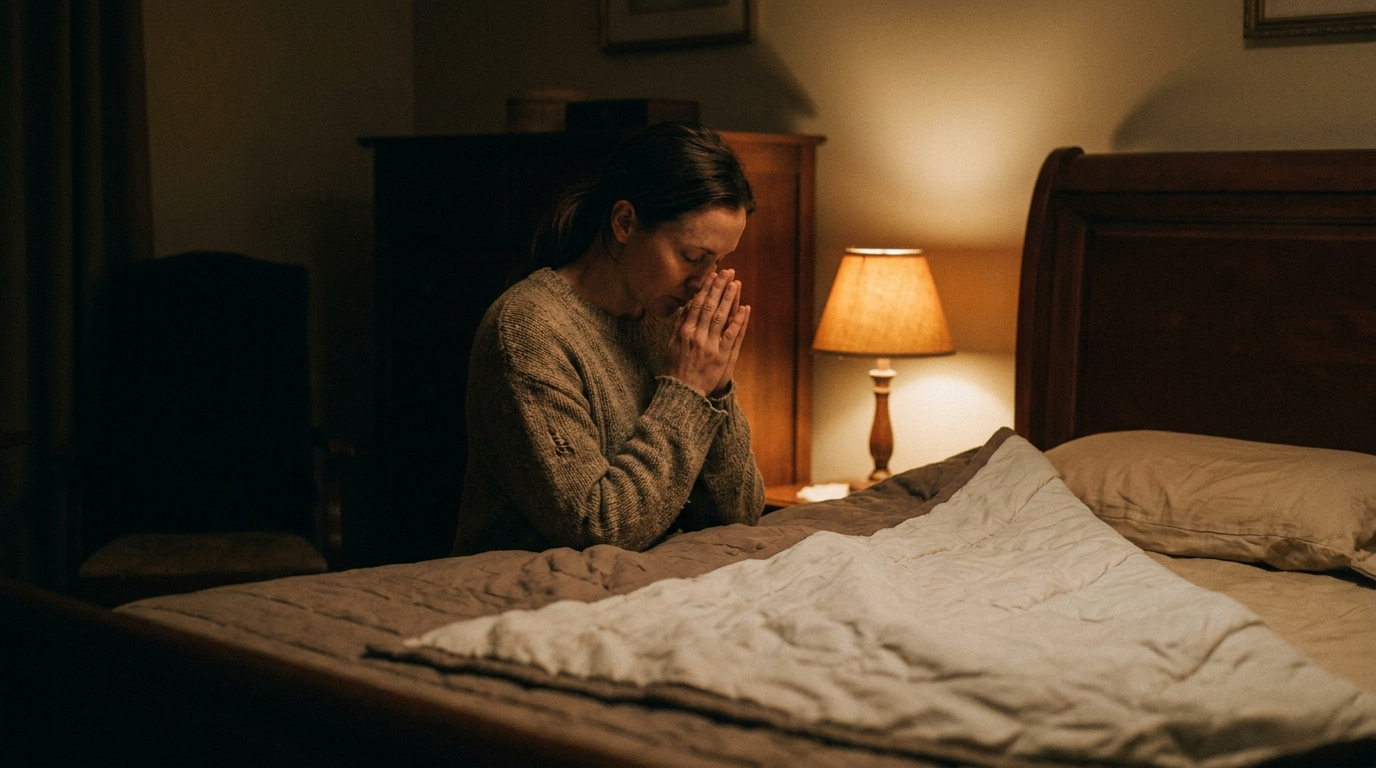 A woman praying beside her bed at night